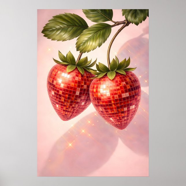 Disco Jordgubbstryck, Retro Disco Boll Frukt Poster (Framsidan)
