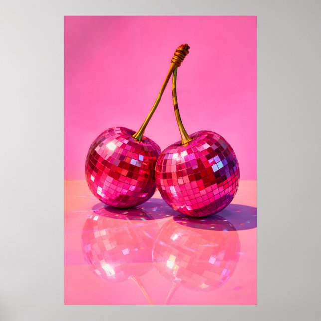 Disco Körsbär Affisch, Y2K Spegelboll Frukttryck Poster (Framsidan)