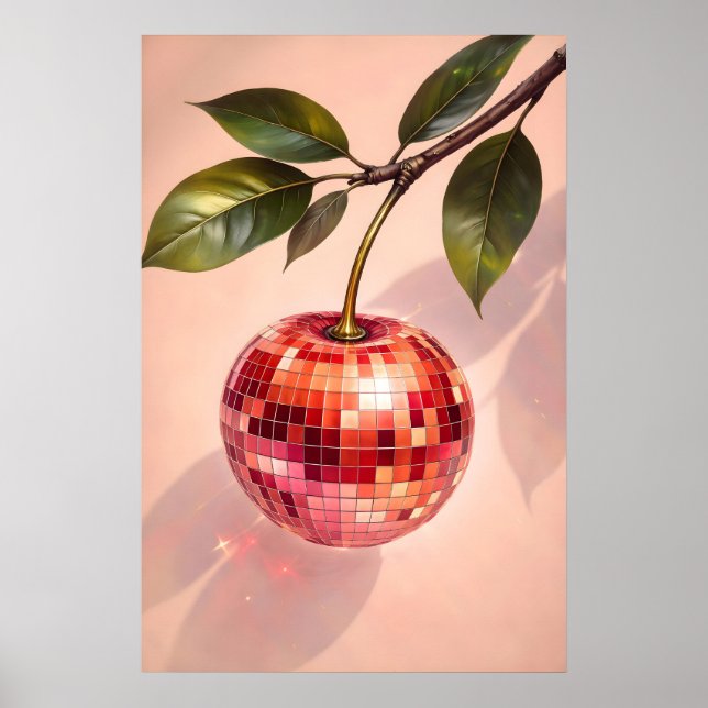 Disco Körsbär Poster, Retro Disco Boll Frukt Konst Poster (Framsidan)