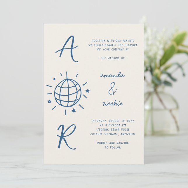 Disco Monogram Fransk Roligt Retro Hand plockade B Inbjudningar (Stående Fram)