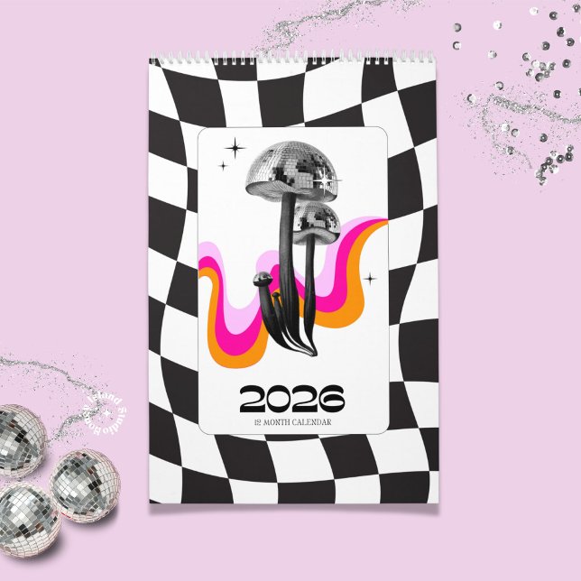 Disco Mushroom 2026 Y2K Kontorsplanering Kalender (disco mushroom planner, 2026 office planner, Y2K planner, retro desk planner, whimsical planner, col)