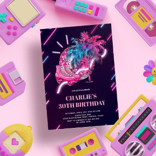 Disco Neon Party Rosa Retro Birthday Inbjudningar