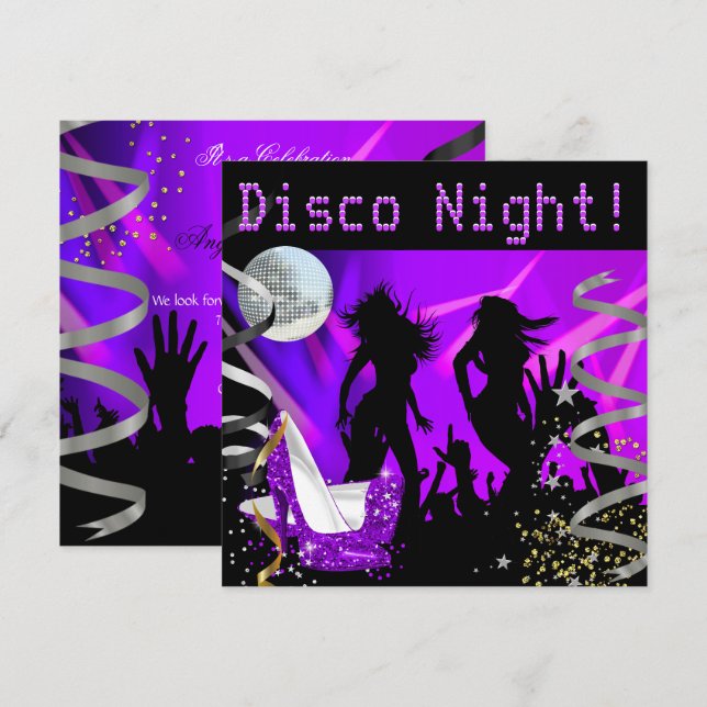 Disco Night Lila Dance Guld Black Glitter Heels Inbjudningar (Fram/baksida)