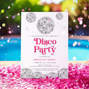 Disco Party Birthday Silver Retro ROSA Glitter Inbjudningar