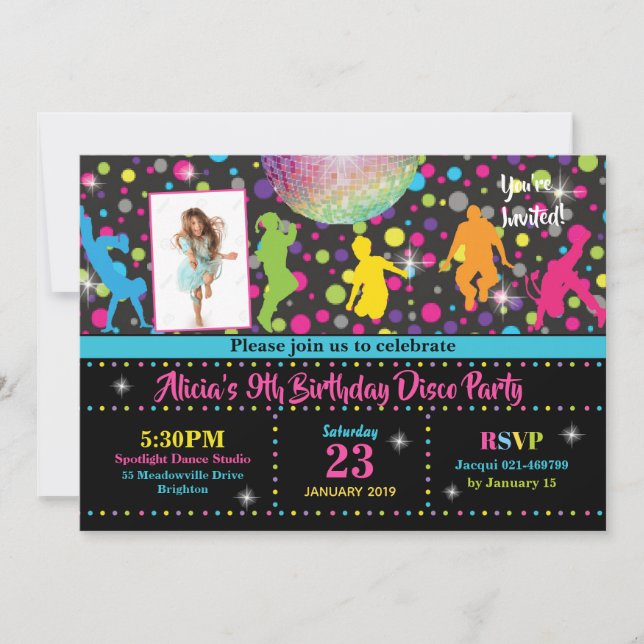 Disco Party bjudande Girl Dance Birthday Inbjudan (Framsida)