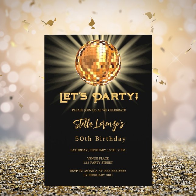 Disco party Black guld 50-årsdag Inbjudningar (Skapare uppladdad)
