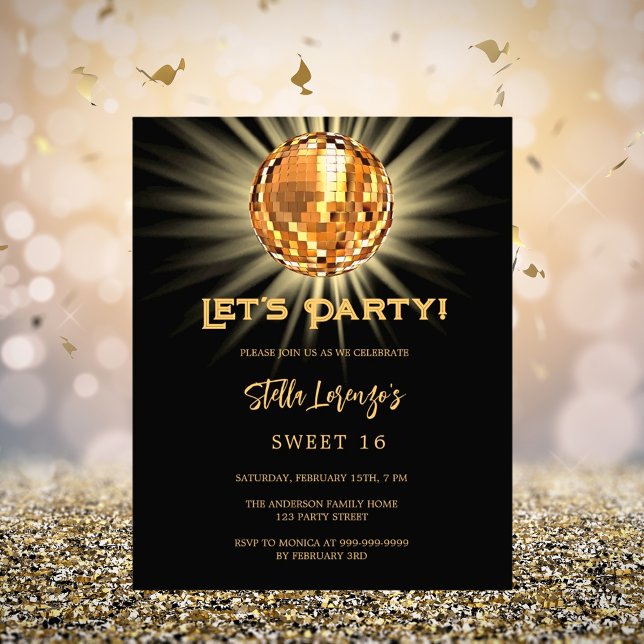 Disco party Black guld Sweet 16-inbjudan (Skapare uppladdad)