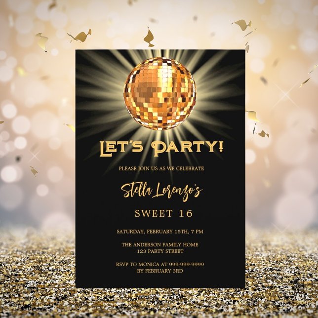 Disco party black guld Sweet 16 Inbjudningar (Skapare uppladdad)