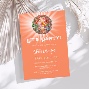 Disco party coral-orangen födelsedag inbjudningar