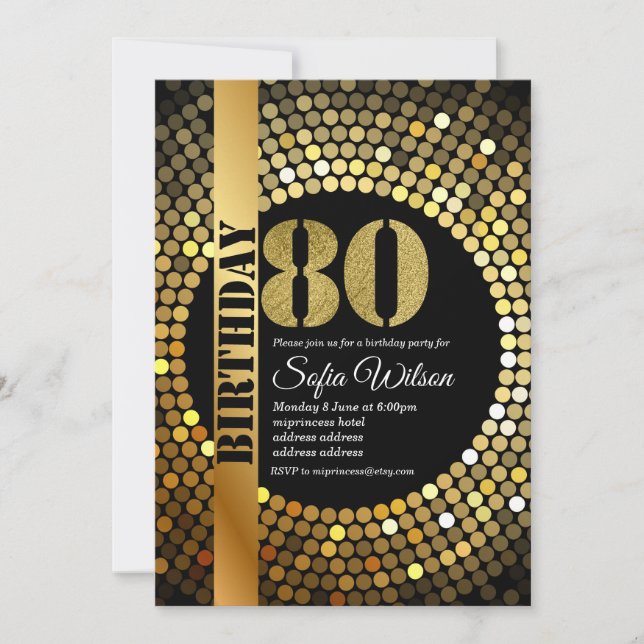 Disco party, guld, 70, födelsedagsfest inbjudningar (Framsida)