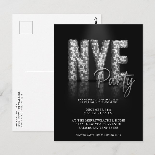 Disco Party-inbjudan för Silver Nyårsafton Vykort (Fram/baksida)