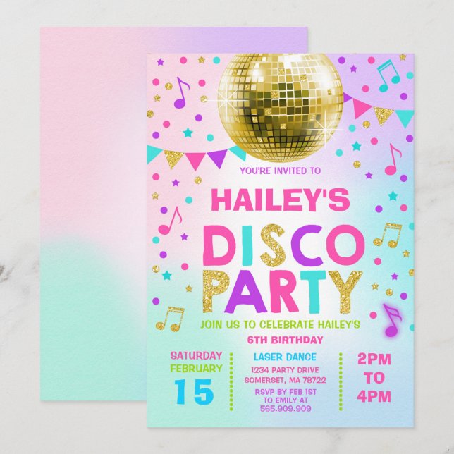 Disco Party-inbjudan, Glow Disco Party Inbjudan (Fram/baksida)