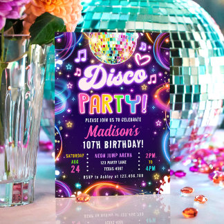 Disco Party Låt oss Glow Neon Glow Girl Birthday Inbjudningar