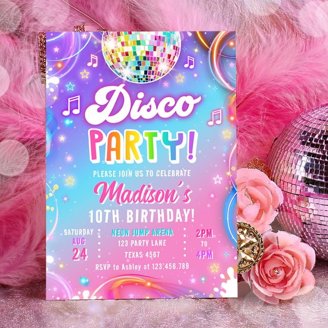 Disco Party Neon Retro Glöd Galen Flickas Födelsed Inbjudningar (Skapare uppladdad)