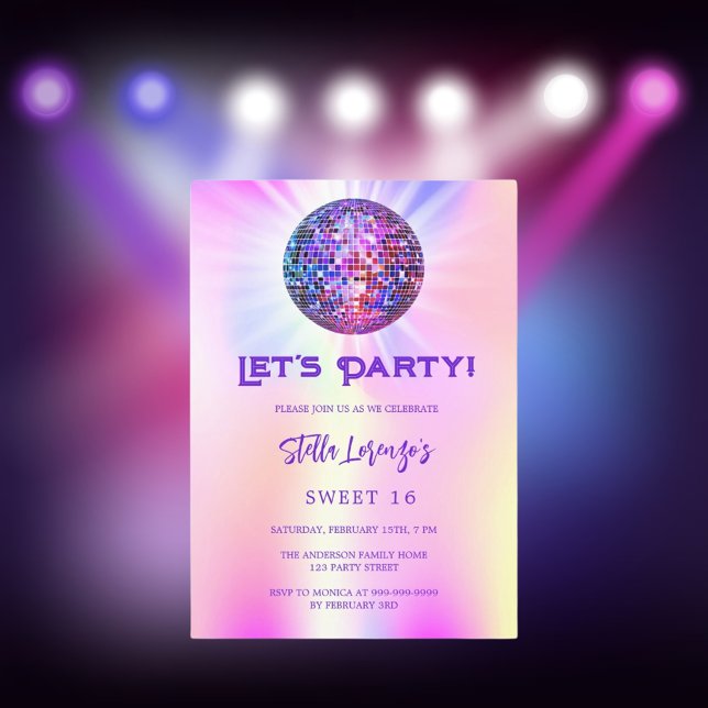 Disco party rosa holografisk sötsak 16 inbjudningar (Skapare uppladdad)