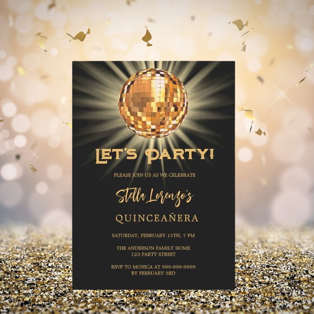 Disco party svart guld Quinceanera Inbjudningar (Skapare uppladdad)