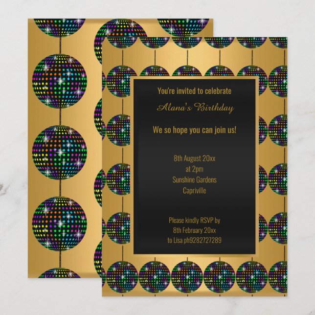 DISCO PARTY THEME GULD TILLFÄLLEN INBJUDANDE INBJUDNINGAR (Fram/baksida)