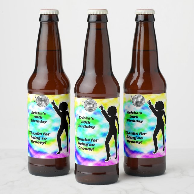 Disco Party Tie Dye Vuxen Groovy Födelsedagsfest Ölflaska Etikett (Flaskor)
