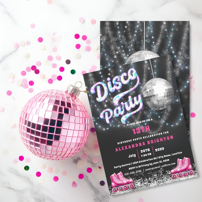 Disco Roller Skating Födelsedagsfest Inbjudningar (Disco roller skating birthday invitation front and back view.)