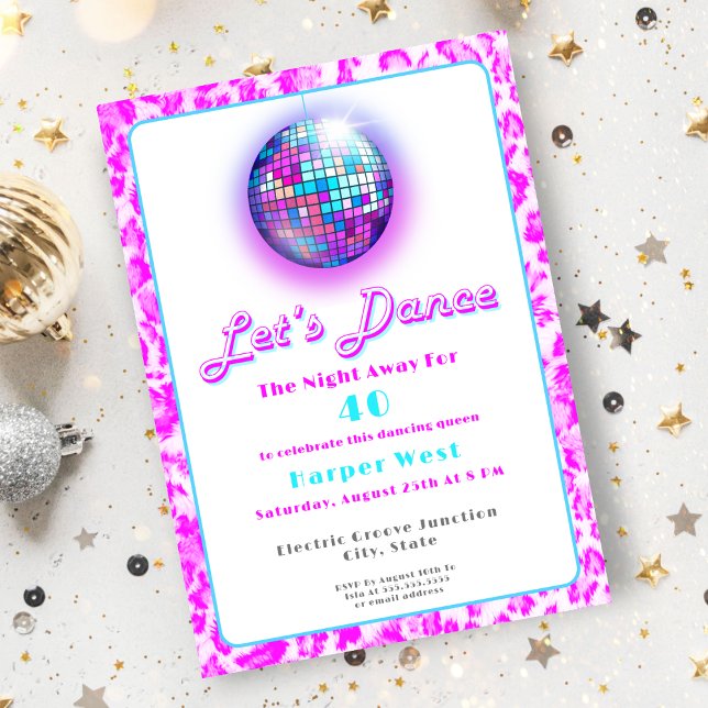 Disco Rosa Leopard Skriv ut Retro Dance Birthday Inbjudningar (A disco fun invitation for your milestone birthday!)
