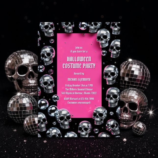 Disco Skull Rosa Glam Halloween Costume Party Inbjudningar (Disco Skull Pink Halloween Costume Party – Glam Spooky Chic)