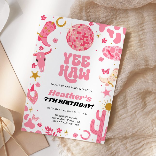 Disco Space Rosa Cowgirl Western Birthday Inbjudningar (Skapare uppladdad)