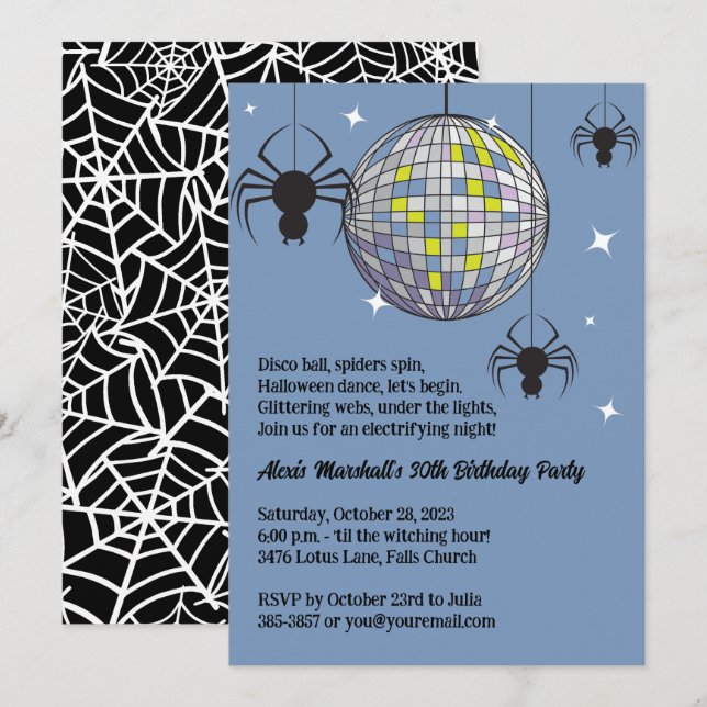 Disco Spiders Halloween Blue Retro Costume Party Inbjudningar (Fram/baksida)