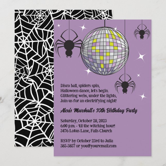 Disco Spiders Halloween Lila Retro Costume Party Inbjudningar (Fram/baksida)