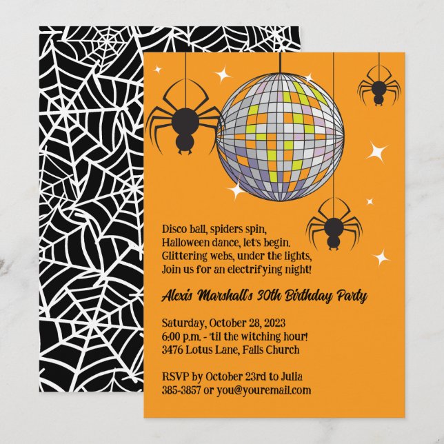 Disco Spiders Halloween Orange Retro Costume Party Inbjudningar (Fram/baksida)