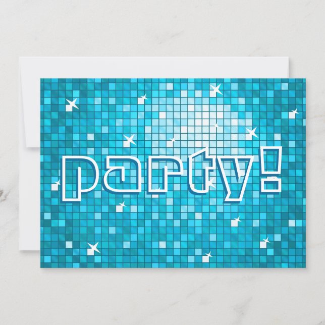 Disco Tiles Blue "party!" inbjudan (Framsida)