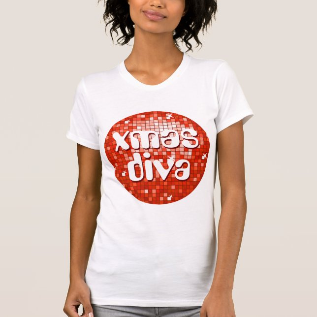 Disco Tiles Red "julafton diva" dam petite white Tee Shirt (Framsida)