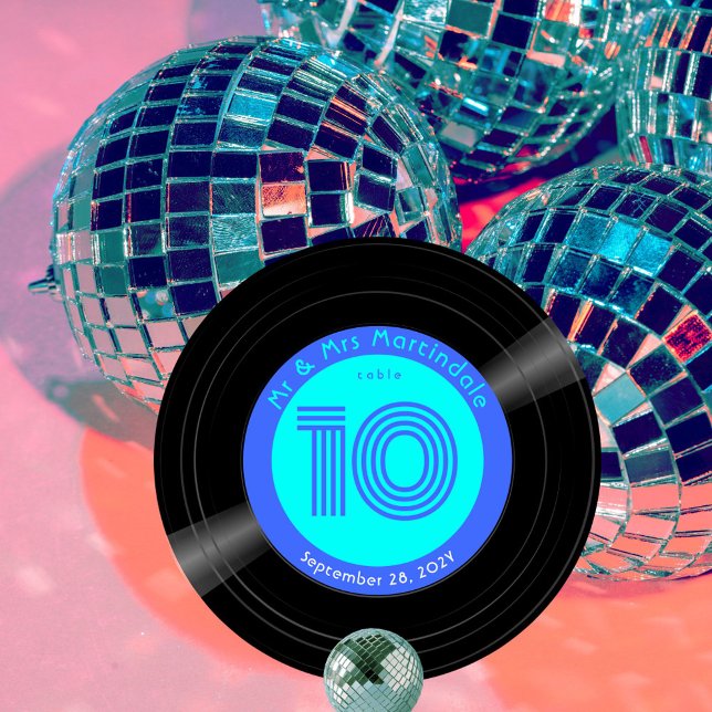 Disco Vinyl Record Blue Aqua Bröllop Bordsnummer (Vinyl record style disco blue and aqua table number.)