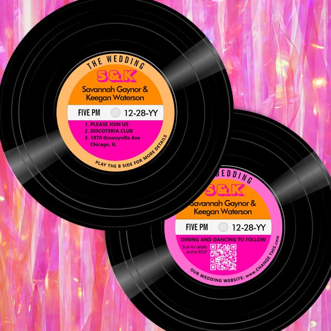 Disco Vinyl Record Rosa Orange Rand Bröllop Inbjudningar (Disco Bold Hot Pink and Orange Vinyl record Wedding Invitation)