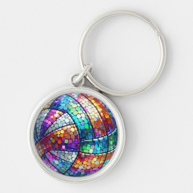 Disco Volleyball Keychain Rund Silverfärgad Nyckelring (Framsidan)