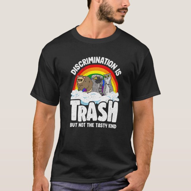 Discrimination Is Trash Gay Pride Raccoon Opossum  T Shirt (Framsida)