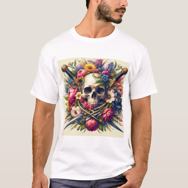 Diseño de Calaveras, Flores y Espadas  T Shirt (Framsida)