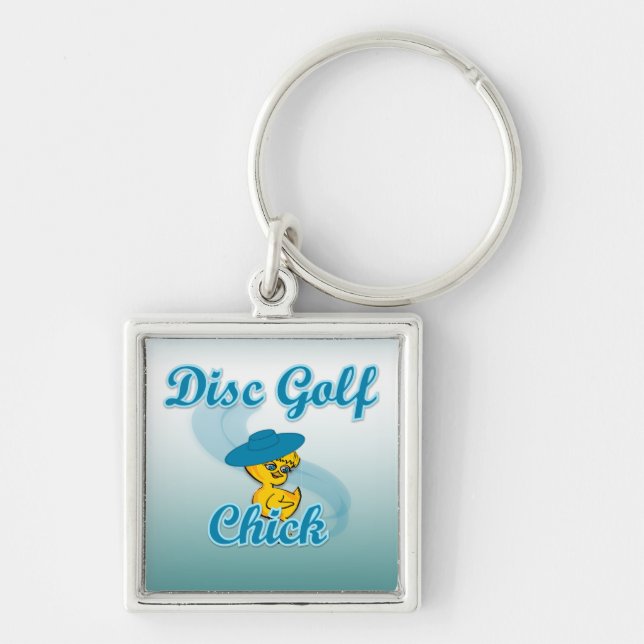 Disk Golf-Chick #3 Fyrkantig Silverfärgad Nyckelring (Framsidan)