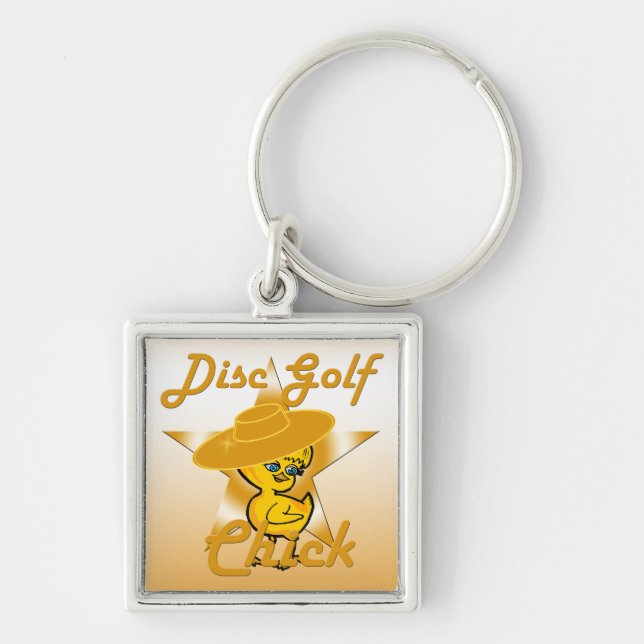 Disk Golf-Chick nr 10 Fyrkantig Silverfärgad Nyckelring (Framsidan)