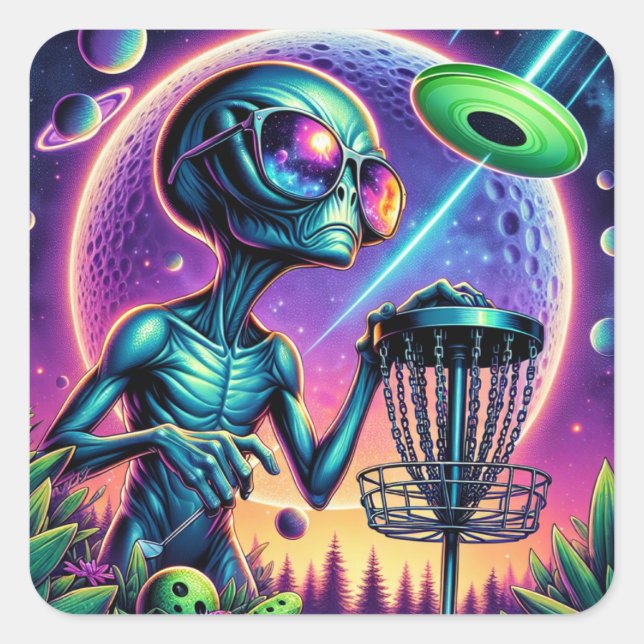 Disk Golfing Alien Fyrkantigt Klistermärke (Framsida)