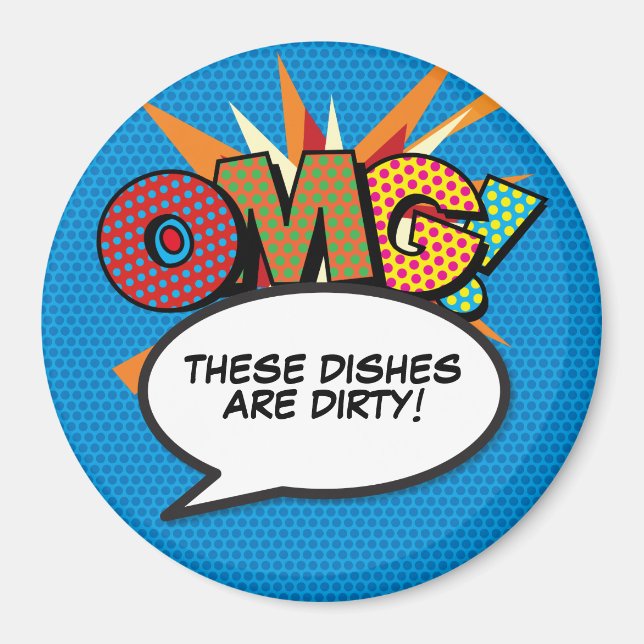 Diskmaskin OMG Smutsiga Diskar Rolig Retro Tecknad Magnet (Framsidan)