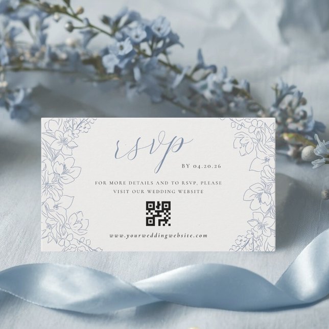 Diskret blå blomstermönstrad bröllops QR-kod RSVP Tilläggskort (Skapare uppladdad)
