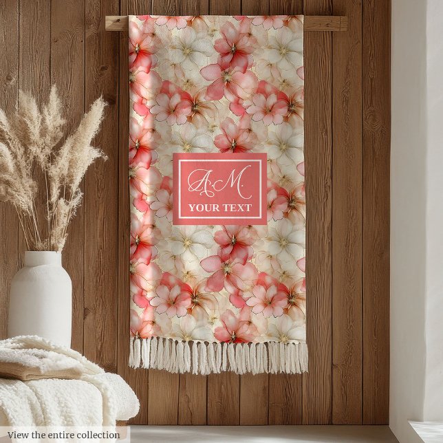Diskret Blush Rosa Guld Blommig Chic Monogram Fleecefilt (Delicate Ink Blush Pink Gold Floral Chic Monogram Fleece Blanket)