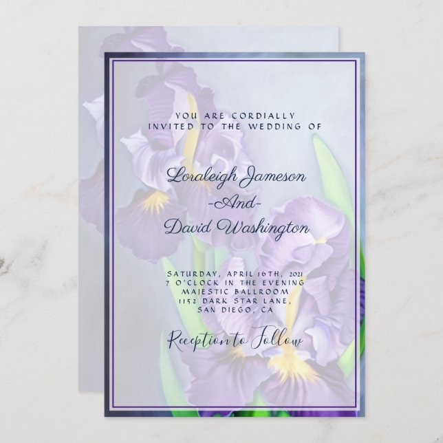 Diskret lila Irises personligt bröllp Inbjudningar (Fram/baksida)