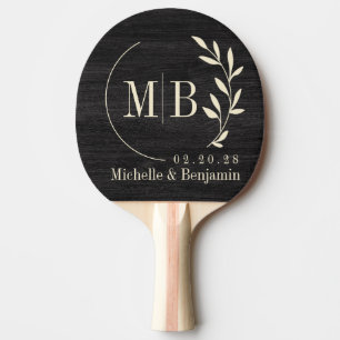 Diskret Mörk Träblad Bröllopsmonogram Pingisracket