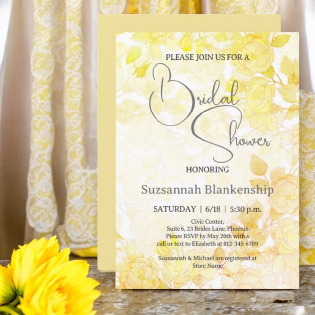 Diskret Pastell Blommig Bakgrund Bröllopsdusch  Inbjudningar (Front & Back Design Examples for yellow floral bridal shower invitation.)