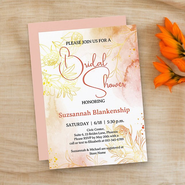 Diskret Pastell Flerfärgad Blommig Bakgrund Bröllo Inbjudningar (Front template bridal shower design with solid orange pastel back. )