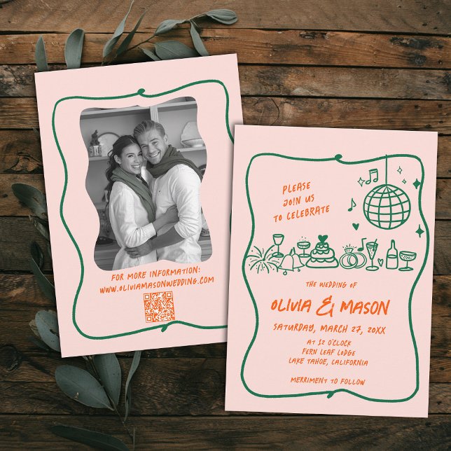 Diskutera handdränkt modern Doodle Rosa Bröllop Inbjudningar (hand drawn wedding invitation doodle illustration squiggle wavy frame modern funky unique pink)