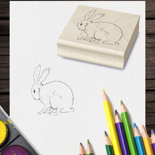 Disline Teckning i Sitta Cute Bunny Rabbit Stämpel (Outline drawing of fuzzy sitting bunny rabbit on rubber craft stamp.)