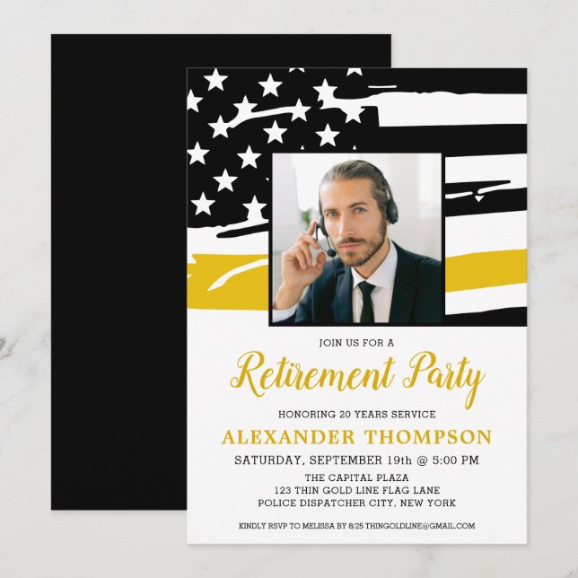 Dispatcher Pension Personlig Photo Guld Flagga Inbjudningar (Fram/baksida)
