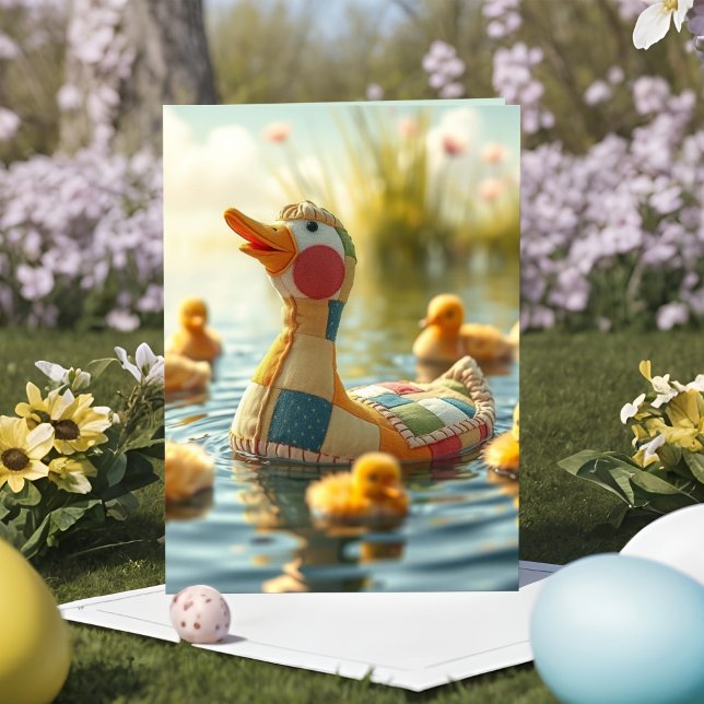 Dist-lappverk Push Anka Mamma Glatta Påsk Helgkort (Adorable patchwork mama duck plushie Easter card with swimming baby ducklings in Spring sunshine.)